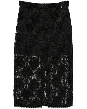 PHILIA LOFT Floral-Lace Slit Midi Skirt - Black
