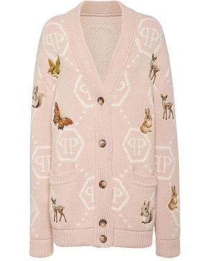Philipp Plein Long Oversized Cardigan With Fairy Embroidery - Natural