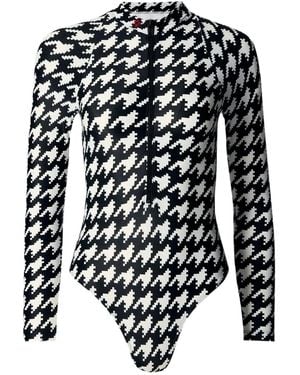 Perfect Moment Houndstooth Long-Sleeve Half-Zip Swimsuit - Black