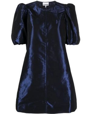 Ganni Taffeta Puff-Sleeves Minidress - Blue