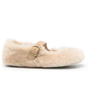 Birkenstock Santa Clarita Shearling Buckle-Strap Ballet Flats - Natural