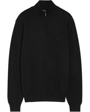 Emporio Armani Half-Zip Embroidered-Logo Jumper - Black