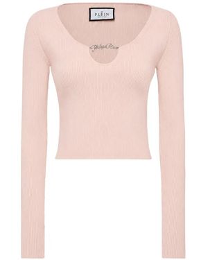 Philipp Plein Ribbed Logo-Plaque Top - Pink