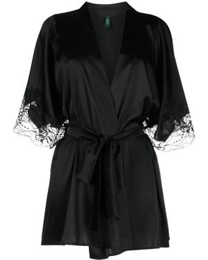 Fleur Of England Lace-Trim Silk Robe - Black