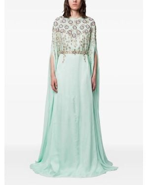 Dina Melwani Crystal-Embroidered Cape-Sleeve Gown - Blue