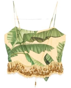 FARM Rio Beaded-Fringe Leaf-Print Top - Yellow