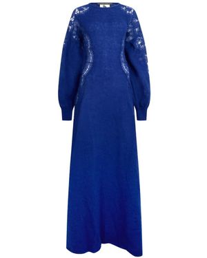 Alberta Ferretti Lace-Insert Long-Sleeve Maxi Dress - Blue