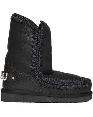 Mou Crochet-Stitch Sheepskin Snow Boots - Black