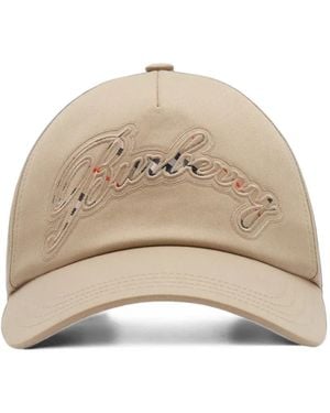 Burberry Check Cursive Logo Gabardine Baseball Cap - Natural