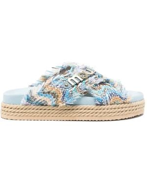 Mou Frayed-Edge Logo-Plaque Sandals - Blue