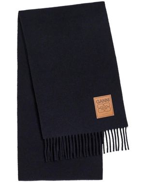 Ganni Logo-Patch Fringed Scarf - Blue