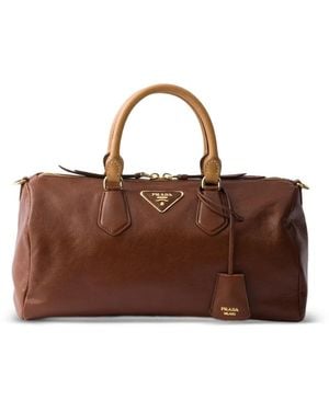 Prada Large Leather Top-Handle Bag - Brown