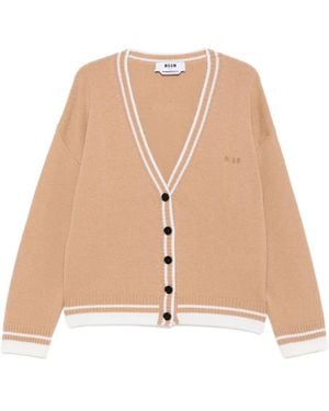 MSGM Long-Sleeved Cardigan Jumper With Deep V-Neckline And Button-Down Front - Natural