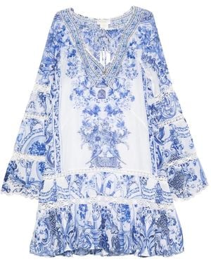 CAMILLA Crystal-Embellished Floral-Print Mini Dress - Blue