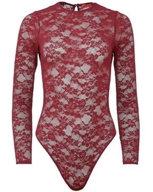 Fleur du Mal Floral-Lace Long-Sleeve Bodysuit - Red