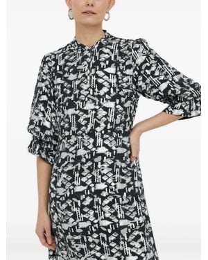 Bruuns Bazaar Geometric-Print Puff-Sleeve Midi Dress - Black
