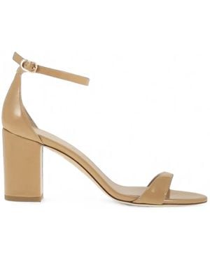 Stuart Weitzman Nudist Block Patent-Finish Block-Heel Sandals - Natural