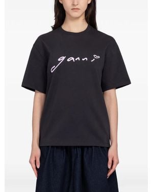 Ganni Logo-Print Cotton T-Shirt - Black