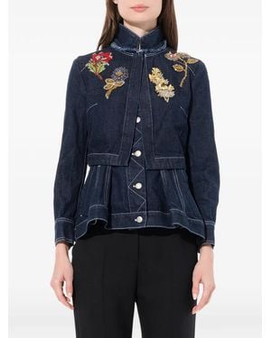 McQueen Embroidered Denim Peplum Jacket - Blue