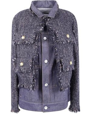 Sacai Tweed-Panel Denim Jacket - Blue
