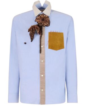 Marni Contrast-Collar Embroidered-Pocket Shirt - Blue