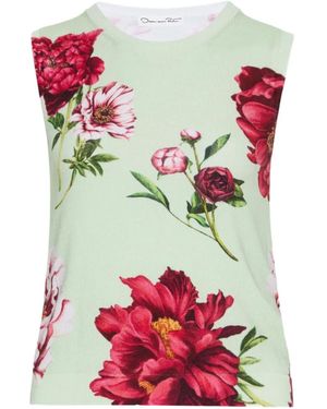 Oscar de la Renta Gestricktes Top Mit Pfingstrosen-Print - Rot