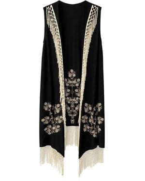 PAHIESA FORMENTERA Embroidered Fringe-Trim Vest - Black
