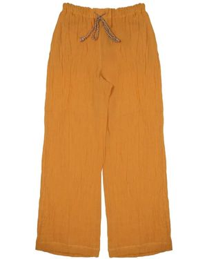 120% Lino Crinkled-Effect Drawstring Pants - Orange