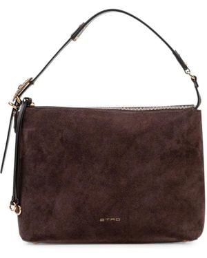 Etro Logo-Print Suede Shoulder Bag - Brown