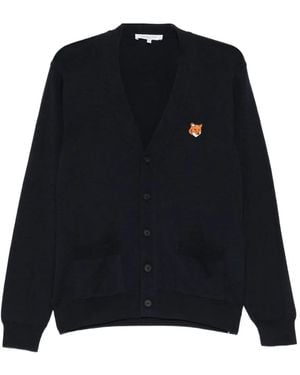 Maison Kitsuné Regular Fit V-Neck Wool Cardigan - Black