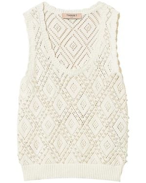 Twinset Diamond Pattern Knit Top With Pearls - Natural