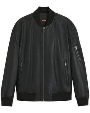 BOSS Veste Bomber En Cuir À Fermeture Zippée - Black