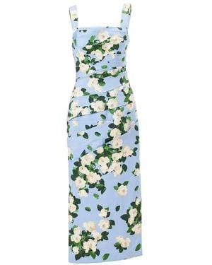 Carolina Herrera Rose-Print Draped Midi Dress - Blue