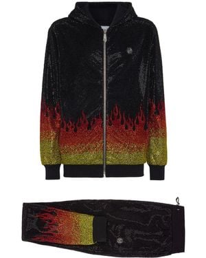 Philipp Plein Crystals Flame Hooded Tracksuit Set - Black