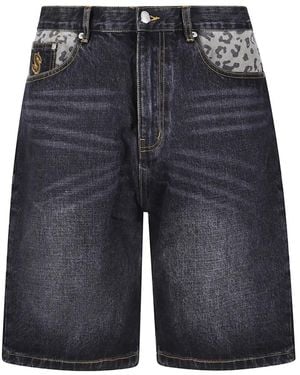 BBCICECREAM Leopard-Print Astro Denim Shorts - Blue