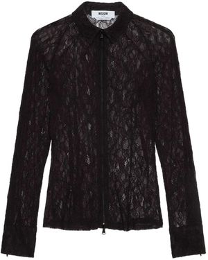 MSGM Floral-Lace Zip-Up Shirt - Black