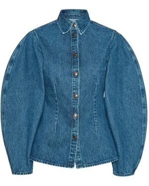ROTATE BIRGER CHRISTENSEN Puff-Sleeves Fitted Denim Shirt - Blue