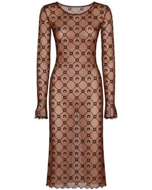 Marine Serre Moonogram Mesh Flock Long Sleeves Midi Crewneck Dress - Brown