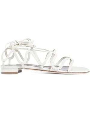 Manolo Blahnik Fawdaflat Lace-Up Leather Sandals - White