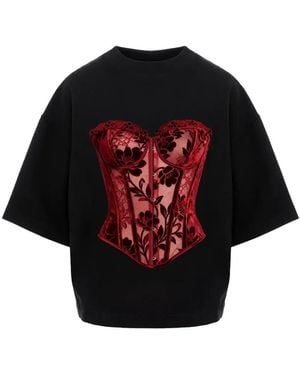 Hamza Lace-Print Corset-Style T-Shirt - Red