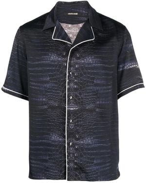 Roberto Cavalli Snakeskin-Print Short-Sleeve Shirt - Black