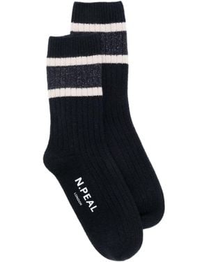 N.Peal Cashmere Stripe Ribbed Socks - Black