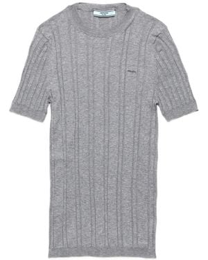 Prada Short-Sleeved Ribbed-Knit Cotton Jumper - Grey