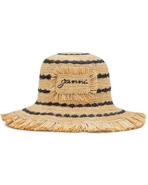 Ganni Striped Raffia Bucket Hat - Natural