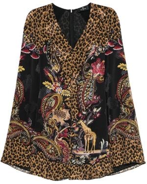 Etro Leopard-Print Cape-Sleeve Dress - Black