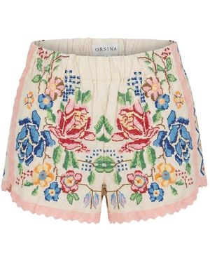 ORSINA Floral-Embroidered Lace-Trim Shorts - White