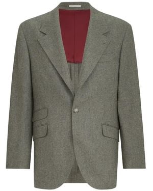 Brunello Cucinelli Virgin Wool Flannel Cavallo Tailor Blazer With Metal Buttons - Grey