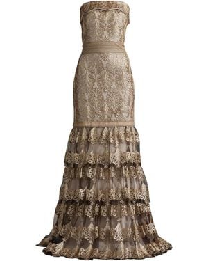 Tadashi Shoji Abey Tiered Sequin-Embroidered Gown - Natural