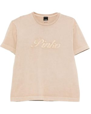 Pinko T-Shirt With Distressed Embroidery - Natural