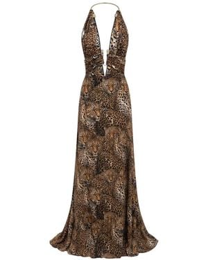 Philipp Plein Open-Back Piercing Long Dress All-Over Leopard - Natural